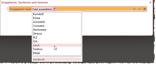 Auswahl des Feldes, nach dem gruppiert werden soll