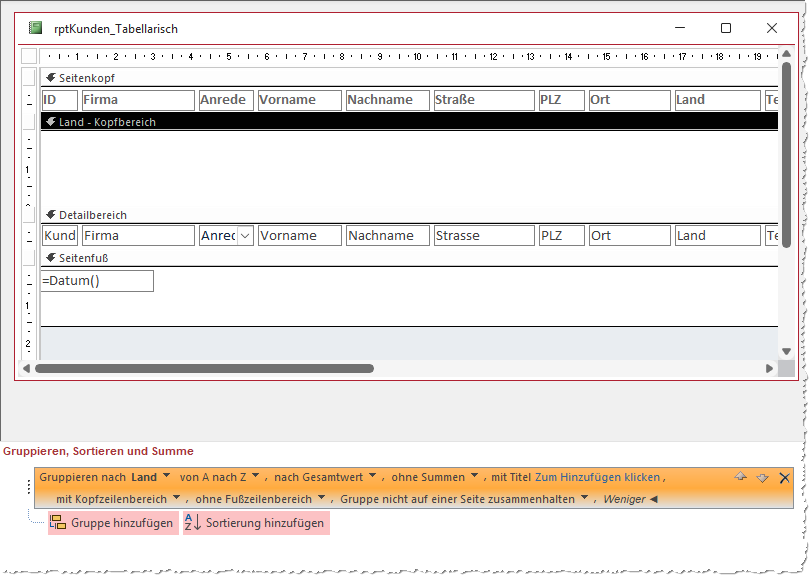 Bericht mit einer Gruppierung nach dem Feld Land