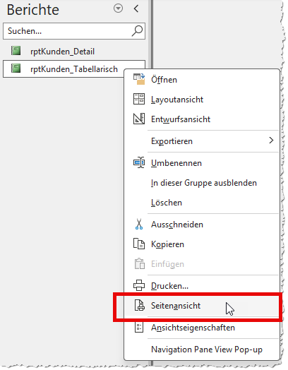 Öffnen des Berichts in der Seitenansicht