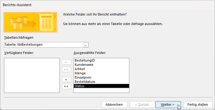 Felder im Berichts-Assistenten auswählen