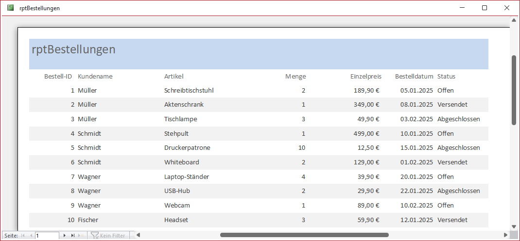 Der Bericht rptBestellungen in der Seitenansicht