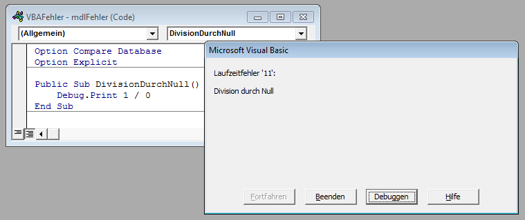 Fehlermeldung eines unbehandelten Fehlers