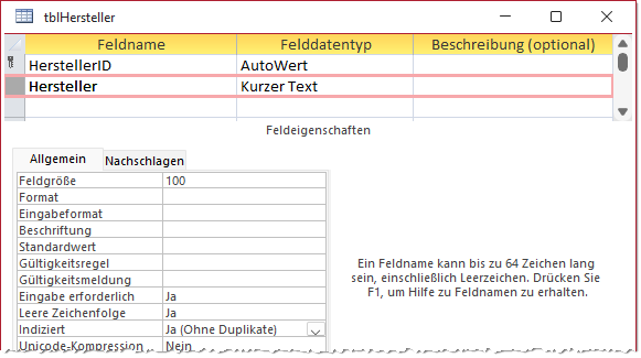 Entwurf der Tabelle tblHersteller