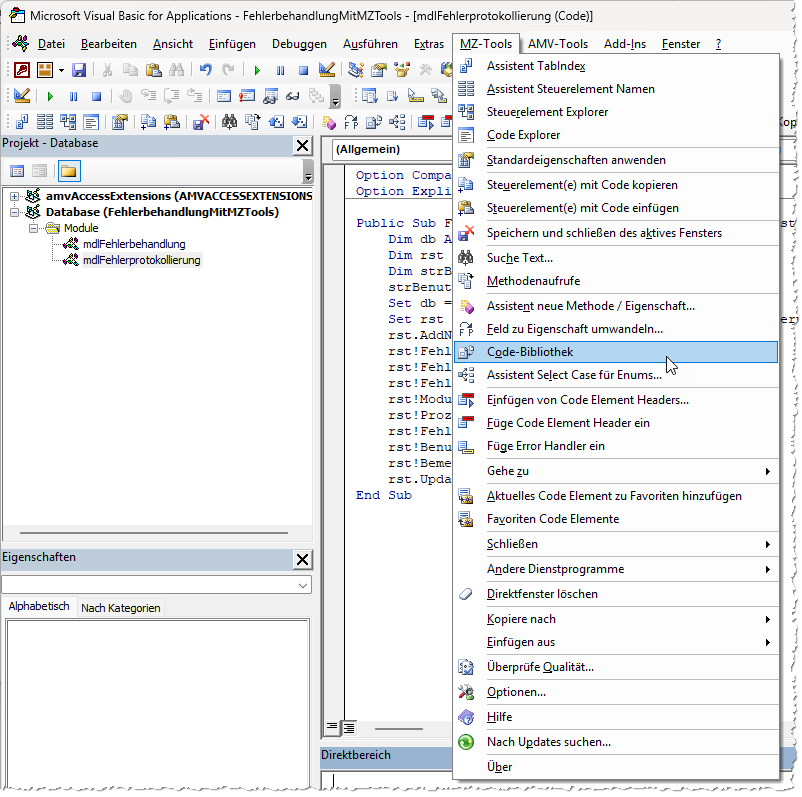 Erweiterung des VBA-Editors durch die MZ-Tools-Funktionen