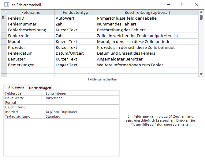 Entwurf einer Tabelle zum Speichern von Fehlern