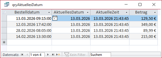 Datenblattansicht der Abfrage mit Zeitfunktionen