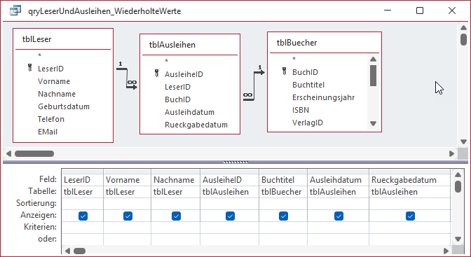 Entwurf der Abfrage, die als Datensatzquelle des Berichts dient