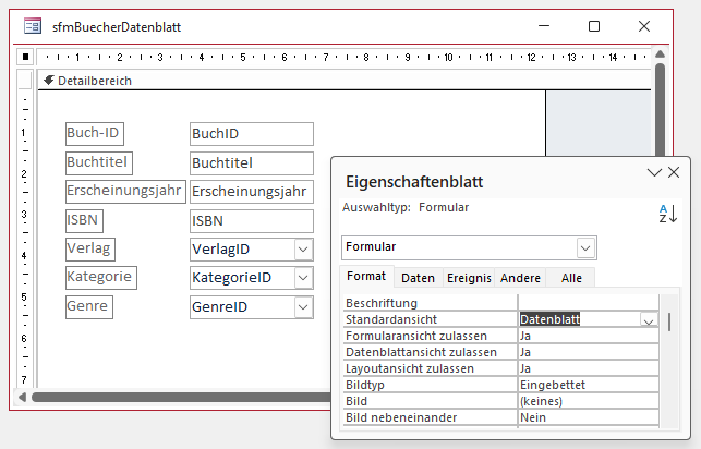 Eigenschaft Standardansicht auf Datenblatt einstellen