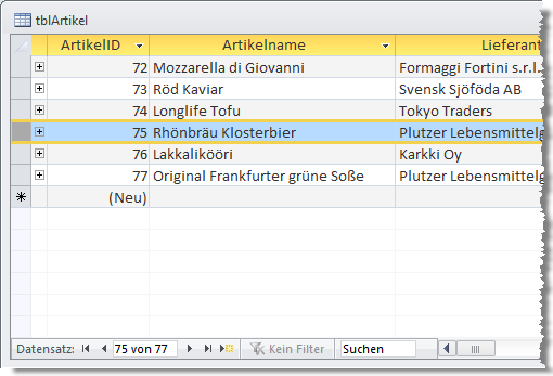 Ein Recordset in der Datenblattansicht einer Tabelle