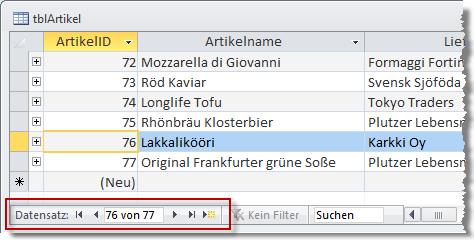 Navigationsleiste mit Datensatznummer