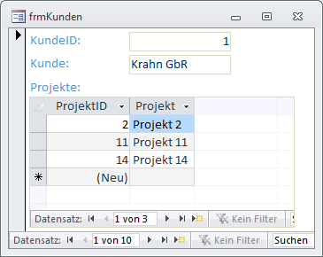 Normalerweise zeigt das Unterformular die verknüpften Datensätze an.