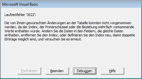 Fehlermeldung beim Anlegen doppelter Werte im eindeutigen Feld