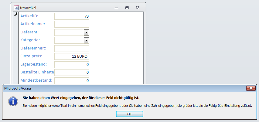 Dieser Meldung erscheint beim Eingeben von Text in numerische Felder.