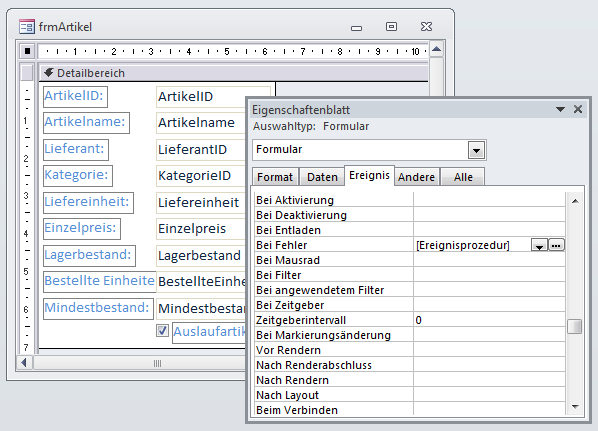 Anlegen der Ereignisprozedur, die bei Fehlern im Formular ausgelöst wird