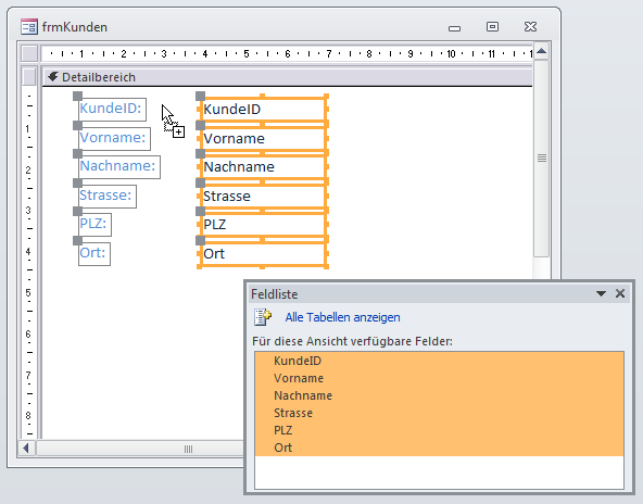 Hinzufügen der Felder der Tabelle tblKunden zum Formular frmKunden