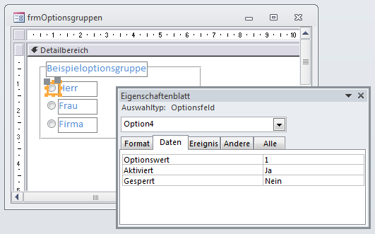 Wert eines der Optionsfelder