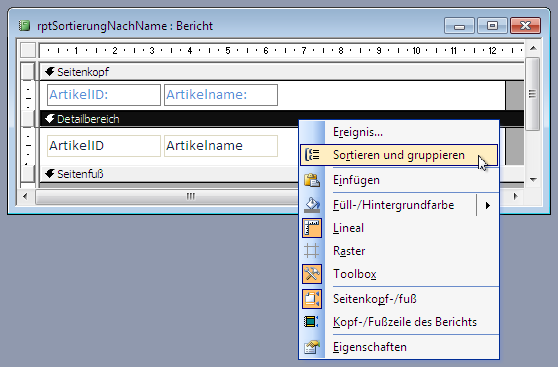Aufruf des Dialogs zum Angeben einer Sortierung für die Daten des Berichts