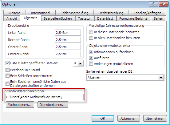 Einstellen des Standardverzeichnisses von Access