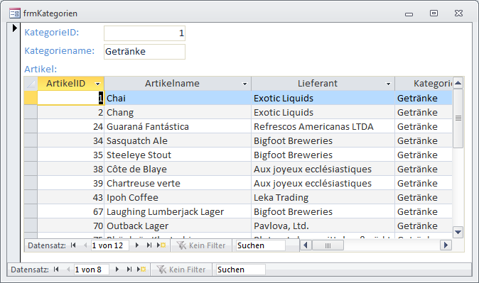 Unterformular in der Datenblattansicht