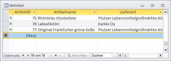 Markieren des Zieldatensatzes, in diesem Fall eines neuen Datensatzes