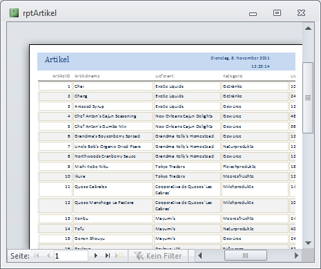 Ein in der Seitenvorschau geöffneter Bericht