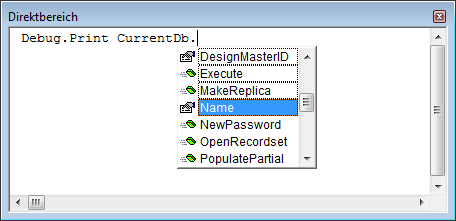 Eigenschaften und Methoden des mit CurrentDb gelieferten Database-Objekts