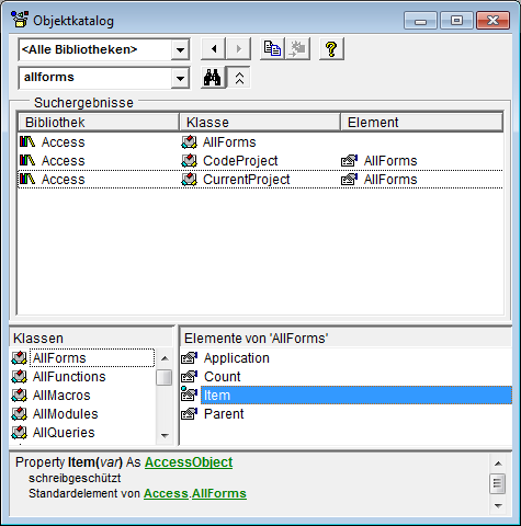 Der Objektkatalog hilft, den Typ eines Auflistungsobjekts zu ermitteln.