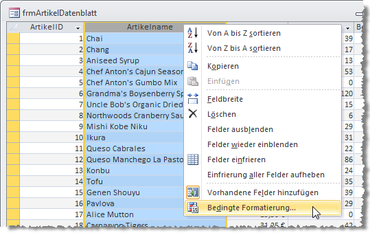 Unter Access 2010 öffnen Sie den Dialog einfach über das Kontextmenü der Spaltenüberschrift im Datenblatt.