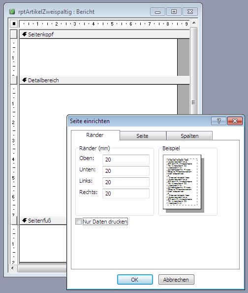 Einstellen der Seiten-Eigenschaften