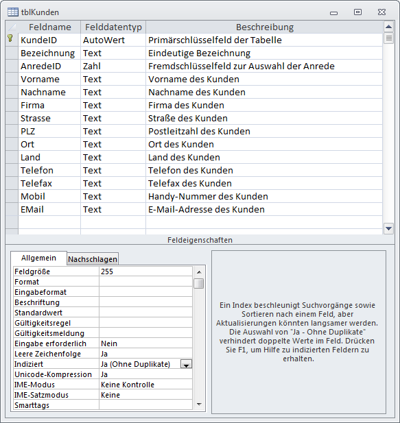 Kundentabelle mit Bezeichnungsfeld