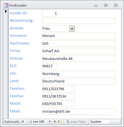 Formular zur Anzeige der Kundendaten