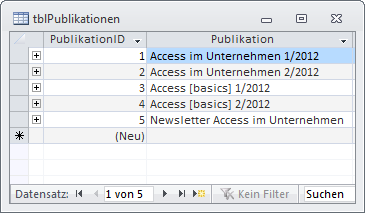 Tabelle tblPublikationen mit Beispieldaten