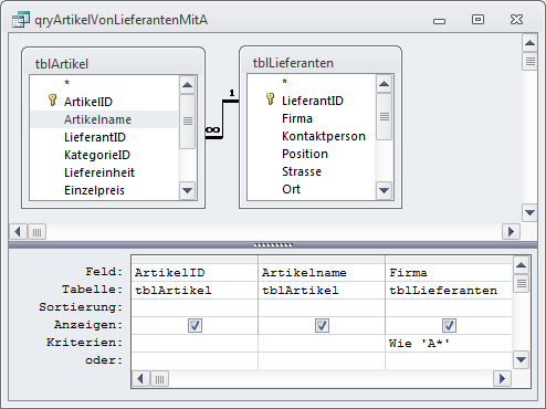Abfrage mit zwei Tabellen und einem Kriterium in der Abfrage-Entwurfsansicht ...
