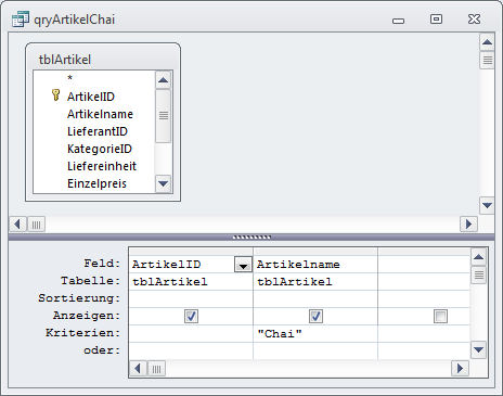 Eingeben von Abfragekriterien in der Entwurfsansicht einer Abfrage
