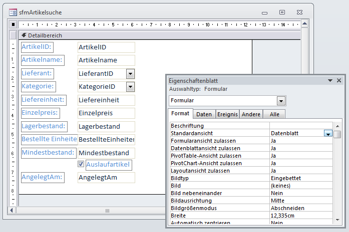 Entwurfsansicht des Unterformulars sfmArtikelsuche