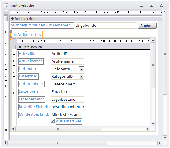 Haupt- und Unterformular in der Entwurfsansicht