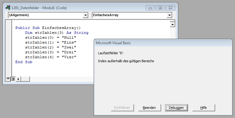 Fehler beim Versuch, einen nicht vorhandenen Eintrag im Array zu referenzieren