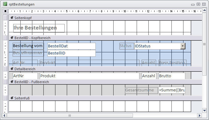 Die Entwurfsansicht des Berichts zur Einsicht in die getätigte Bestellungen