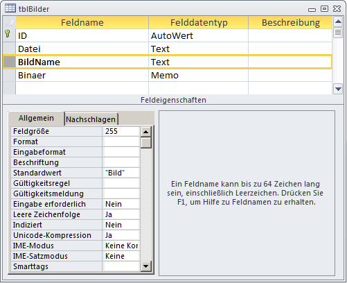 Entwurfsansicht der Tabelle tblBilder