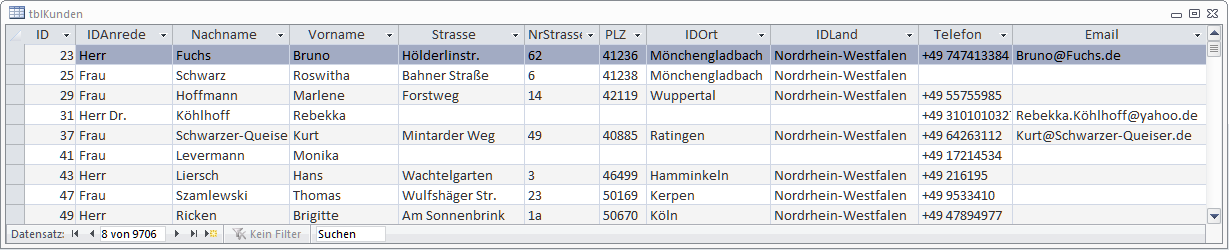 Einige Datensätze der normalen Kundentabelle in der Datenblattansicht