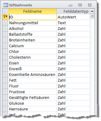 tblNaehrwerte im Entwurf