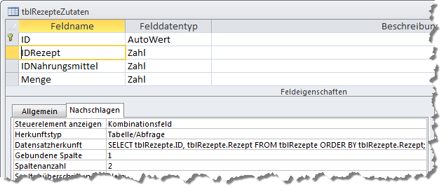 Details zum Entwurf der Tabelle tblRezepteZutaten für das Feld IDRezept