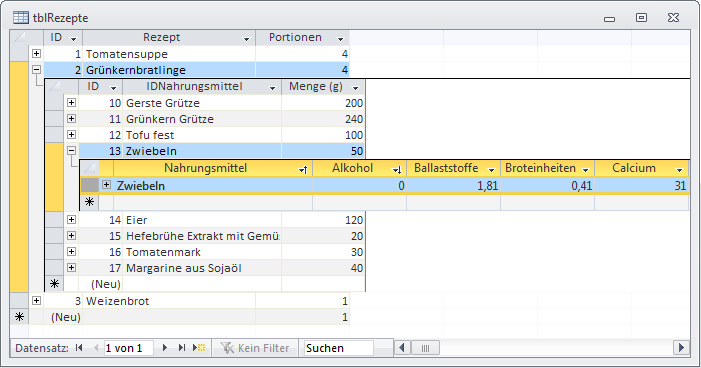 Die Tabelle tblRezepte zur Laufzeit mit ihrem ausgeklappten Unterdatenblatt