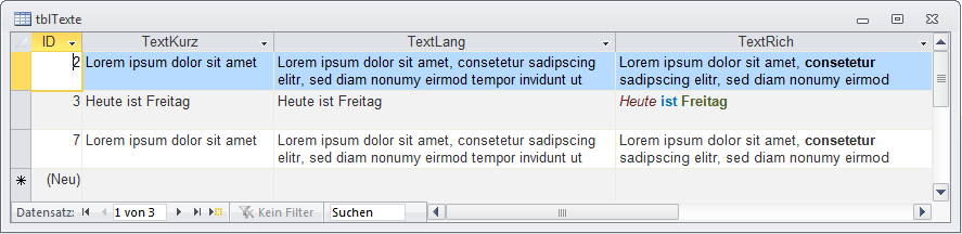 Die Tabelle tblTexte enthält drei Datensätze, wobei die Inhalte des letzten durch die Abfrage qry_NewRecord zustandekam