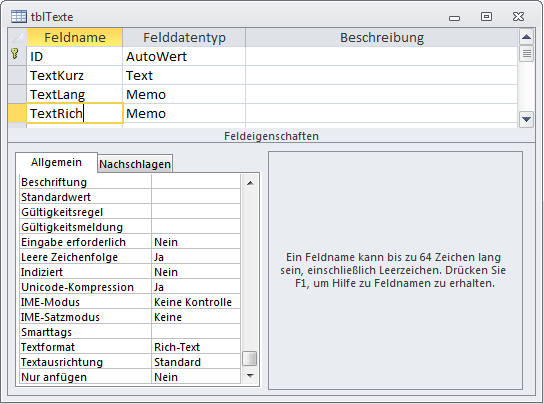 Entwurfsansicht der Tabelle tblTexte mit markierten Rich-Text-Memofeld